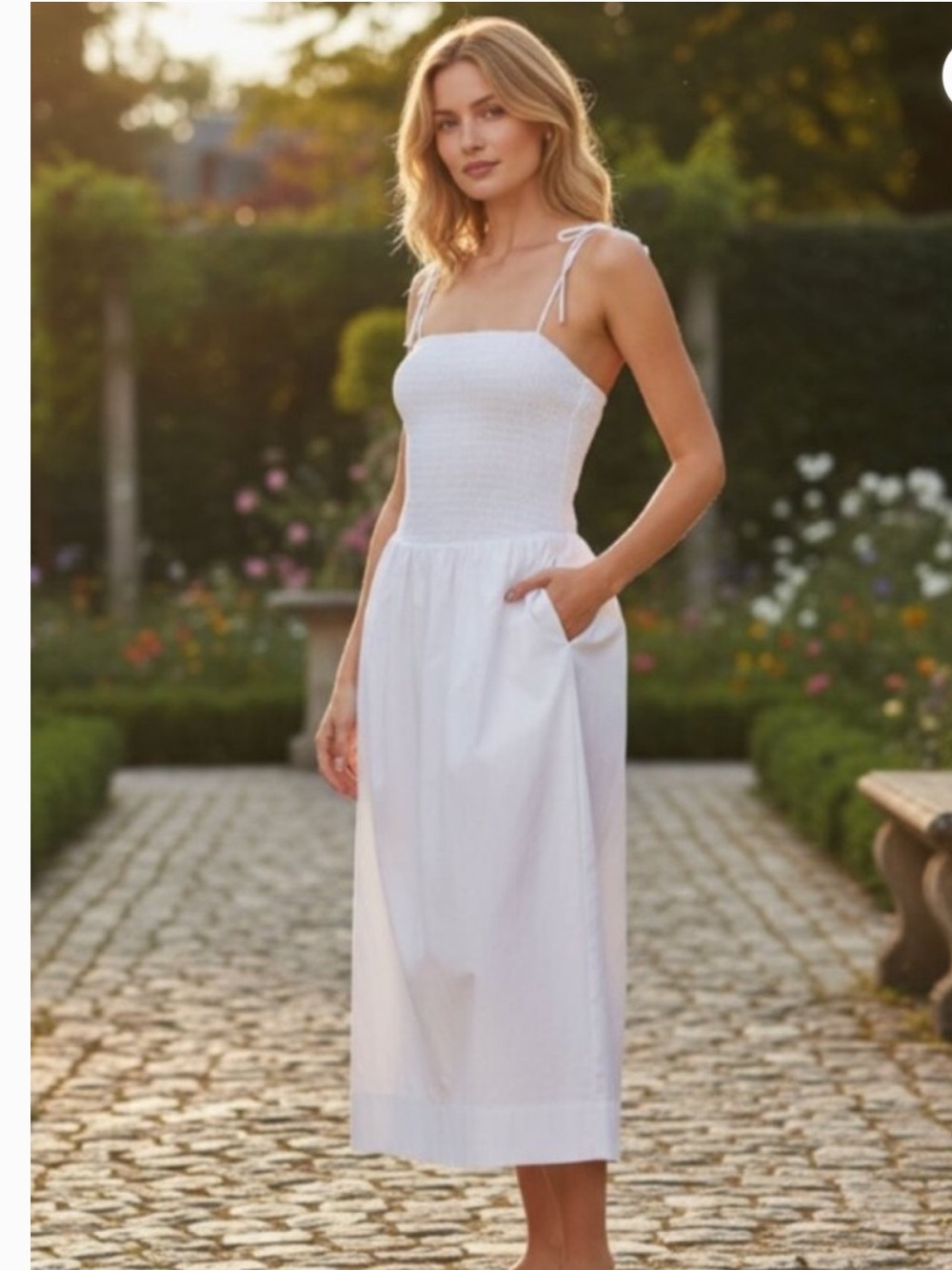ASTR White Smocked Bodice Sundress w/ Tie Straps